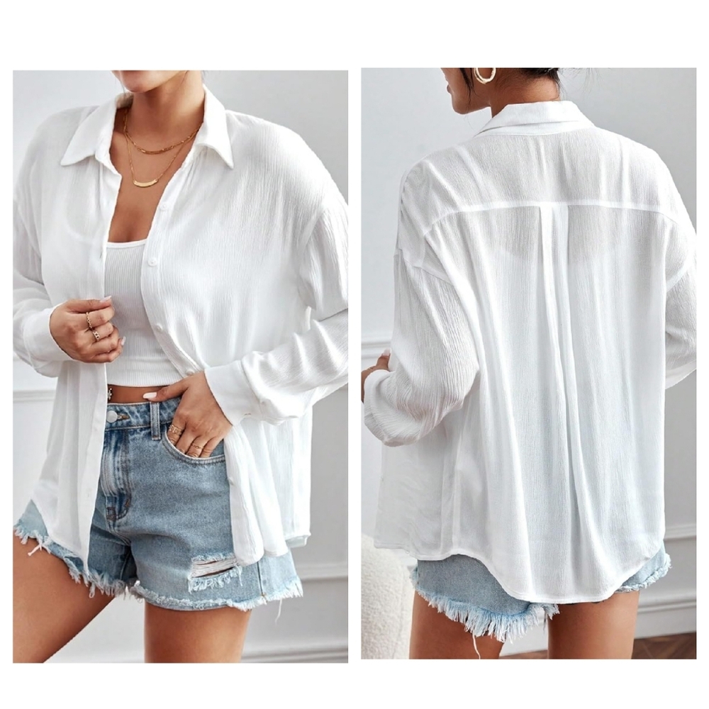 Solid Drop Shoulder Button Front Shirt